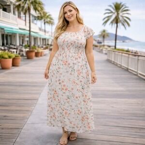 CeCe floral smocked chiffon maxi dress 7439903‎ size3x